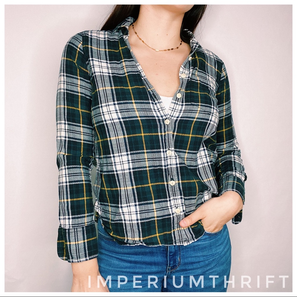 Navy Blue Green White Yellow  Button-down Top